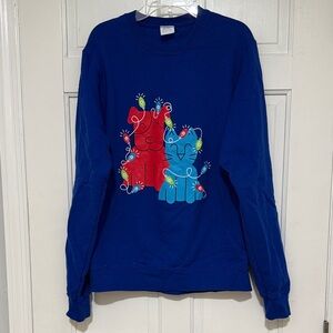Blue Holiday Sweatshirt with Red and Blue Cat Design